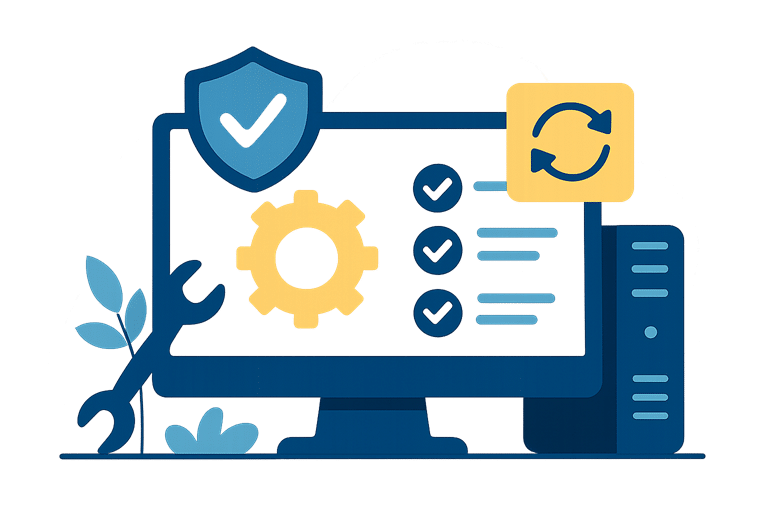 Illustratie van een computerscherm met checklist, tandwiel, beveiligingsicoon en update-symbool die websitebeheer, onderhoud en technische ondersteuning uitbeelden
