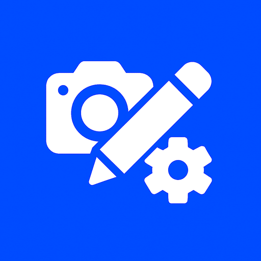 Wit icoon van een camera, potlood en tandwiel op een blauwe achtergrond, als symbool voor het zelf beheren en bijwerken van bedrijfsinformatie en foto’s in een Google Bedrijfsprofiel.