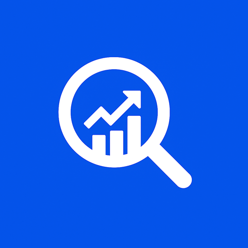 Wit pictogram van een vergrootglas met stijgende grafiek dat SEO-optimalisatie en beter vindbare webteksten uitbeeldt