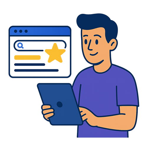 Illustratie van een persoon met een tablet en een zoekresultatenvenster dat een hoge positie toont, passend bij SEO en betere online vindbaarheid.