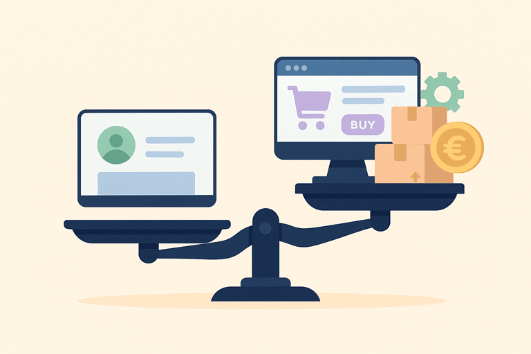 Illustratie van een balansweegschaal met links een simpele website en rechts een webshop met pakketten en euro-symbolen, om te tonen dat een webshop vaak duurder en zwaarder is in beheer.