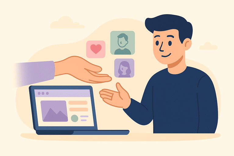 Illustratie van een persoon die een website bekijkt terwijl er symbolen van klanten worden aangereikt, als metafoor voor hoe een website klanten aantrekt.