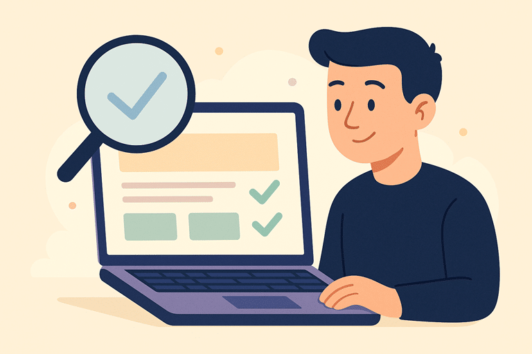 Illustratie van een ondernemer achter een laptop met een overzichtelijke webpagina, duidelijke koppen en vinkjes die on page optimalisatie en betere Google-vindbaarheid visualiseren