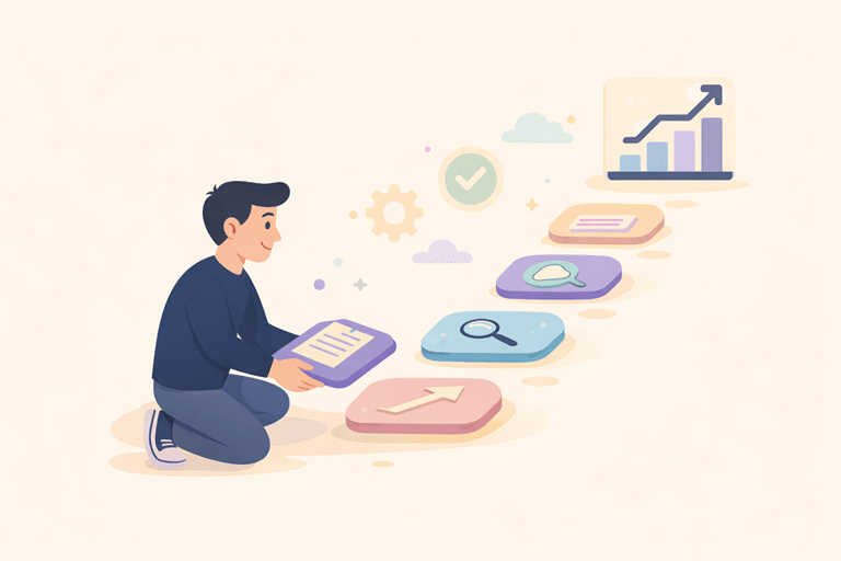 Illustratie van een ondernemer die stap voor stap een website opbouwt met content, zoekoptimalisatie en groei, als visuele weergave van een SEO strategie voor nieuwe websites in de eerste 90 dagen.