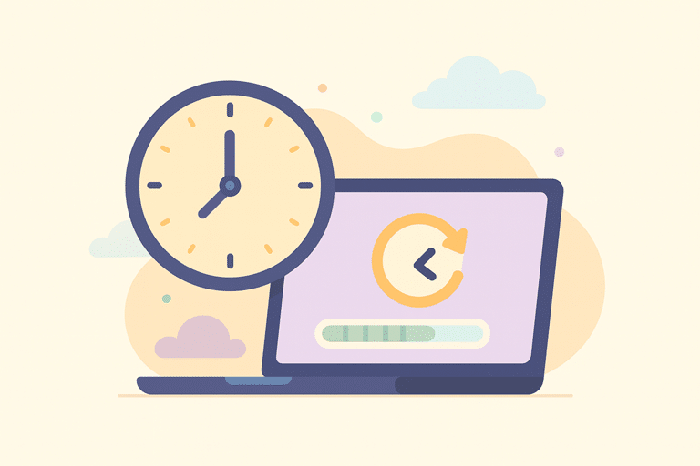 Illustratie van een laptop met klok die tijdsbesparing door een slimme website symboliseert