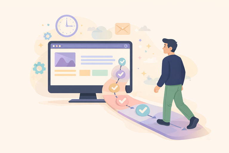 Illustratie van een ondernemer die stap voor stap wordt begeleid door een overzichtelijke website met duidelijke onderdelen, vinkjes en structuur, als symbool voor transparantie in websiteprijzen en heldere communicatie.