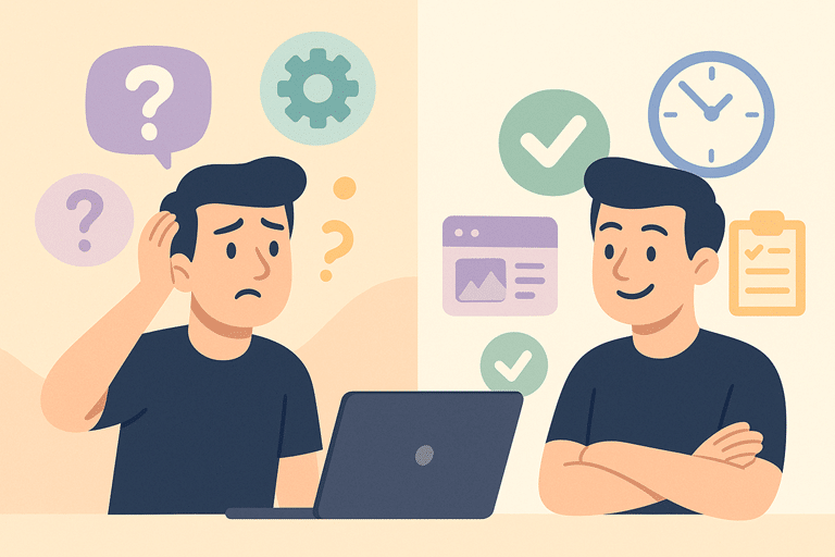 Illustratie van een ondernemer die eerst onzeker is over zijn website en daarna overzicht en rust ervaart door een duidelijke en slimme website-opbouw.