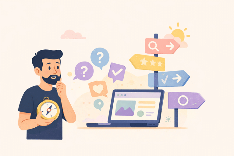 Illustratie van een ondernemer die met een kompas naast een laptop staat, terwijl richtingaanwijzers en zoekiconen rondom de website laten zien dat online zichtbaarheid en focus ontbreken