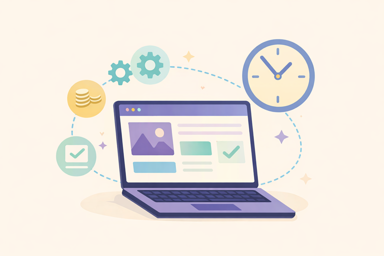 Illustratie van een zakelijke website op een laptop met een klok, onderhoudsiconen, checklist en kosten-symbolen die de lange termijn kosten van webdesign visualiseren