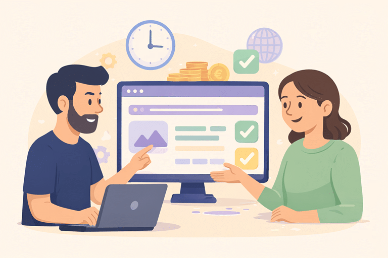 Twee mensen die samenwerken aan een websiteproject op een computerscherm met checklist, klok en budgeticonen