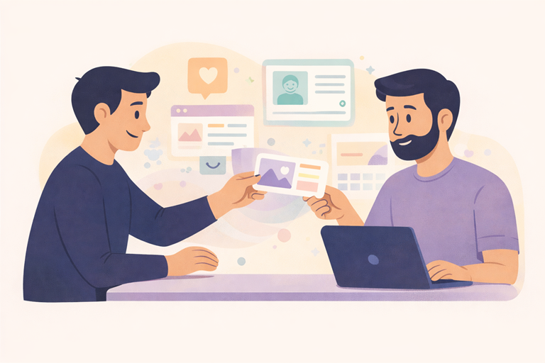 Twee personen werken samen aan een website, delen ideeën en content via een laptop en schermen, visuele elementen tonen overleg, afstemming en samenwerking bij webdesign.