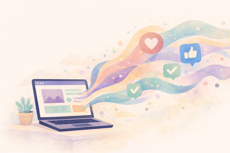 Een laptop op een bureau waar gekleurde golven met hartjes, vinkjes en duimpjes uit het scherm stromen, als visuele weergave van emotie, vertrouwen en snelle beslissingen bij websitebezoekers.