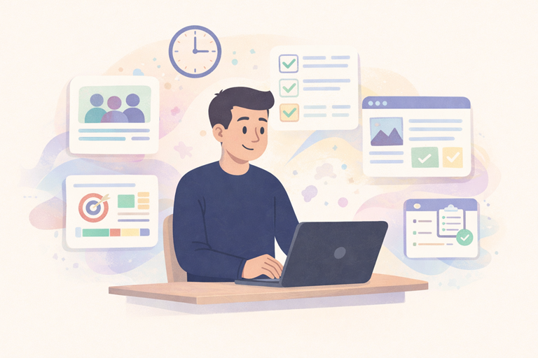 Illustratie van een ondernemer die rustig achter een laptop werkt terwijl overzichtelijke panelen met doelen, doelgroep, planning en website-onderdelen om hem heen zweven als visuele weergave van een duidelijke websitebri