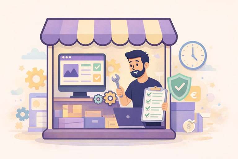 Illustratie van een online winkel met een websitebeheerder die onderhoud uitvoert, met iconen voor veiligheid, updates, kosten en controle van een zakelijke website.