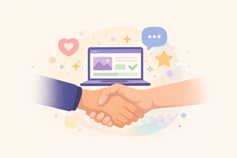 Illustratie van twee handen die elkaar digitaal schudden met een laptop ertussen, omringd door iconen voor vertrouwen, communicatie en conversie bij een verkoopklare website