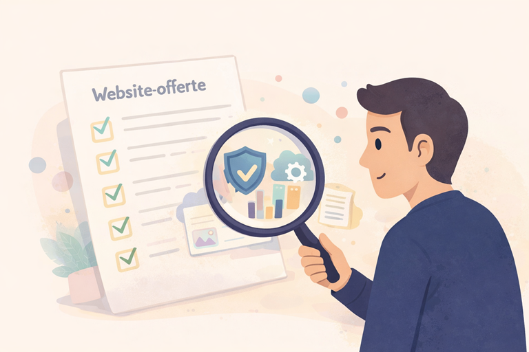 Illustratie van een ondernemer die met een vergrootglas een website-offerte bekijkt, terwijl extra onderdelen zoals onderhoud, beveiliging en optimalisatie subtiel op de achtergrond zichtbaar zijn