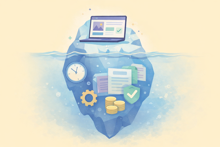 Illustratie van een ijsberg met een laptop boven water en onder water iconen zoals een klok, documenten, tandwiel en munten die verborgen websitekosten voor ondernemers visualiseren.