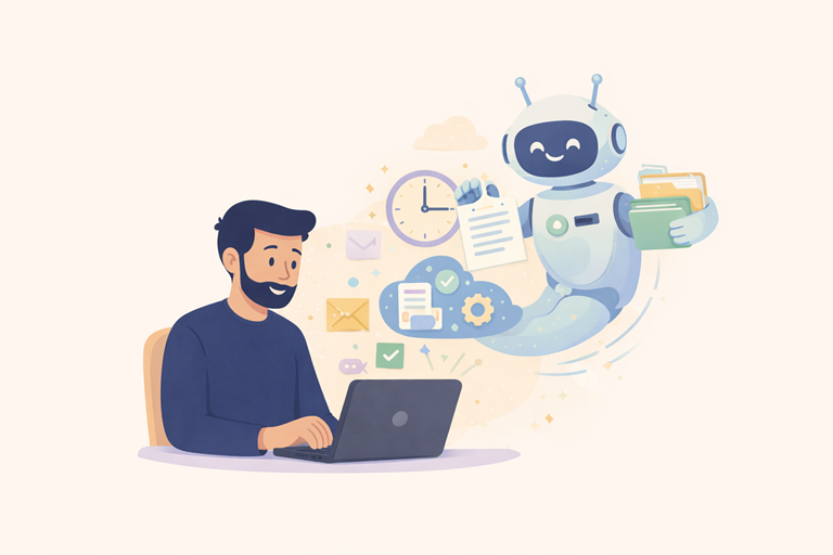 Illustratie van een ondernemer achter een laptop terwijl een digitale assistent taken automatiseert zoals e-mails, documenten, planning en cloudprocessen