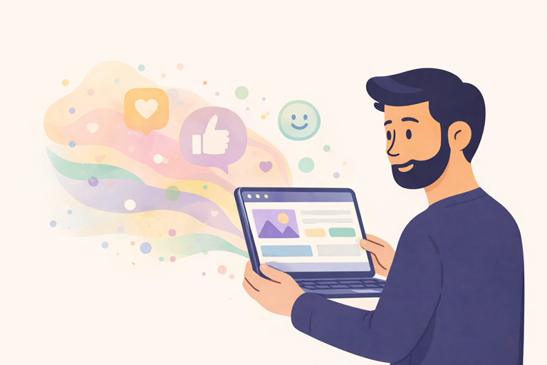 Een ondernemer die een tablet bekijkt met een website terwijl visuele elementen zoals likes en symbolen de uitstraling en emotie van een website verbeelden