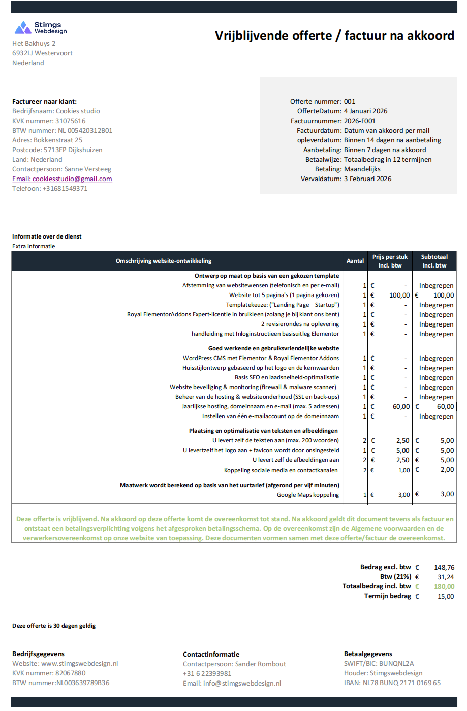 Afbeelding van een fictieve offerte met voorbeeldonderdelen en bedragen, gebruikt ter illustratie van hoe een offerte voor een website eruit kan zien.