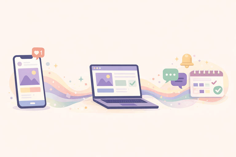 Illustratie van een smartphone met social media feed, een laptop met website en een chat- en kalendericoon die met een gekleurde stroom verbonden zijn, als weergave van hoe een website samenwerkt met social media en contactkanalen.