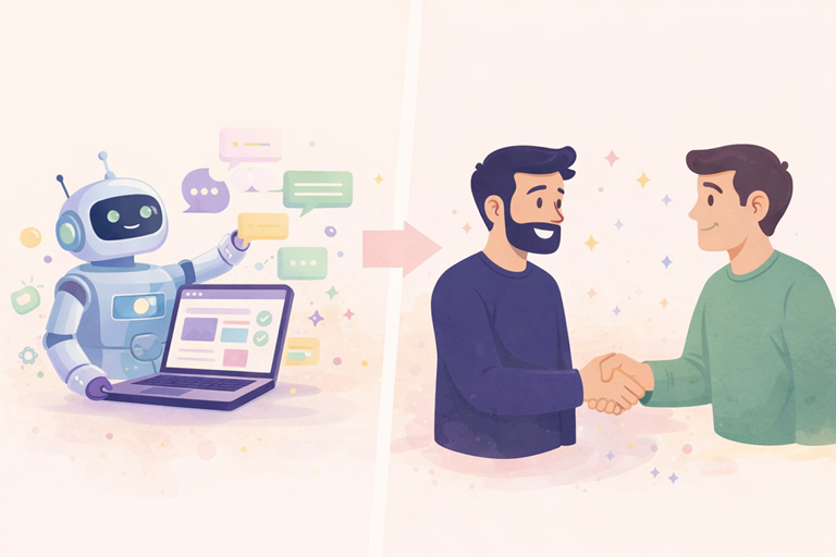 Illustratie van een robot die automatische berichten verstuurt via een laptop tegenover twee mensen die elkaar een hand geven, als visualisatie van persoonlijk contact versus automatisering binnen website communicatie en klantrelaties.