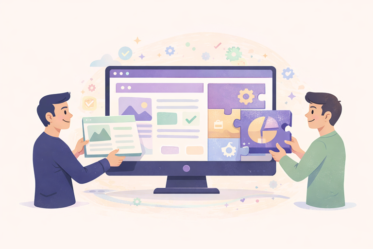 Illustratie van twee personen die een website op een groot scherm aanpassen met modulaire elementen en ontwerpblokken, als visuele uitleg van wanneer maatwerk webdesign nodig is tegenover een template website.