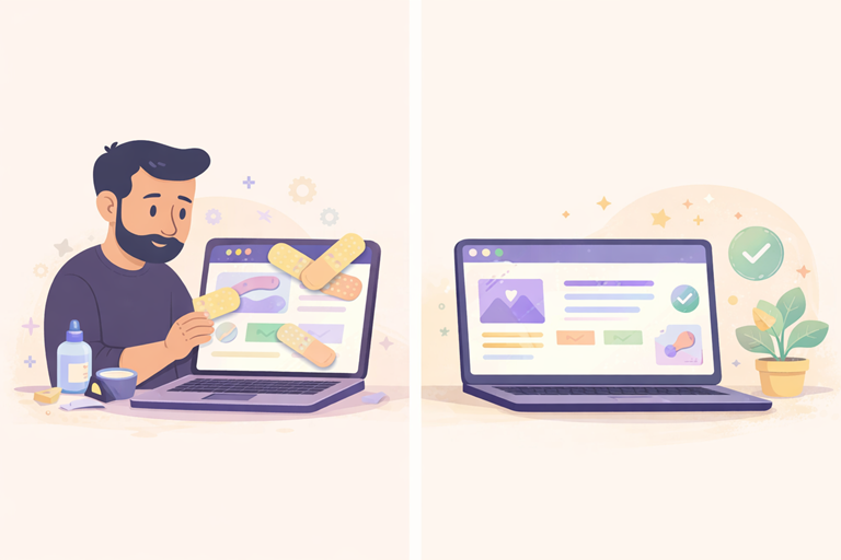 Illustratie van ondernemer die een website repareert met pleisters tegenover een vernieuwde overzichtelijke website, als visuele vergelijking tussen website optimaliseren en redesignen