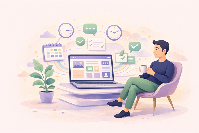 Illustratie van ondernemer die ontspannen werkt met laptop terwijl planning, communicatie en taken overzichtelijk rond de website samenkomen als ondersteuning voor bedrijfsprocessen.