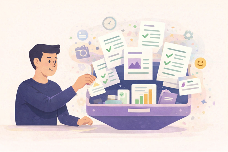 Illustratie van een persoon die online formuliergegevens sorteert in overzichtelijke informatiekaarten met grafieken, bestanden en feedback