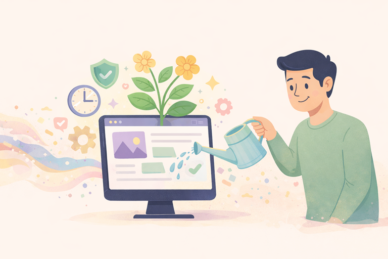 Illustratie van een ondernemer die een website op een computerscherm verzorgt met een gieter, met symbolen voor updates, veiligheid en onderhoud rondom het scherm.