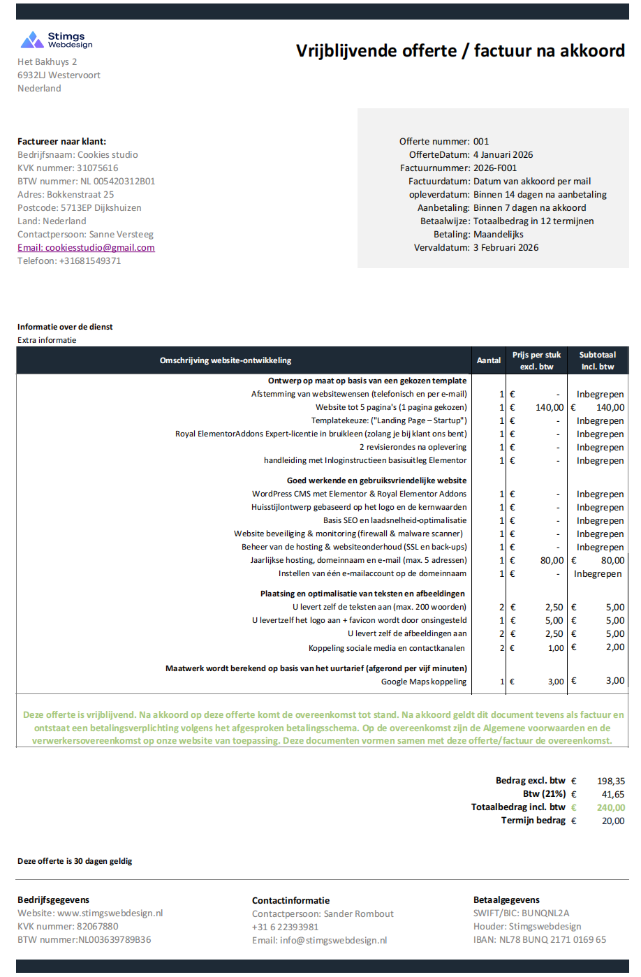 Afbeelding van een fictieve offerte met voorbeeldonderdelen en bedragen, gebruikt ter illustratie van hoe een offerte voor een website eruit kan zien.