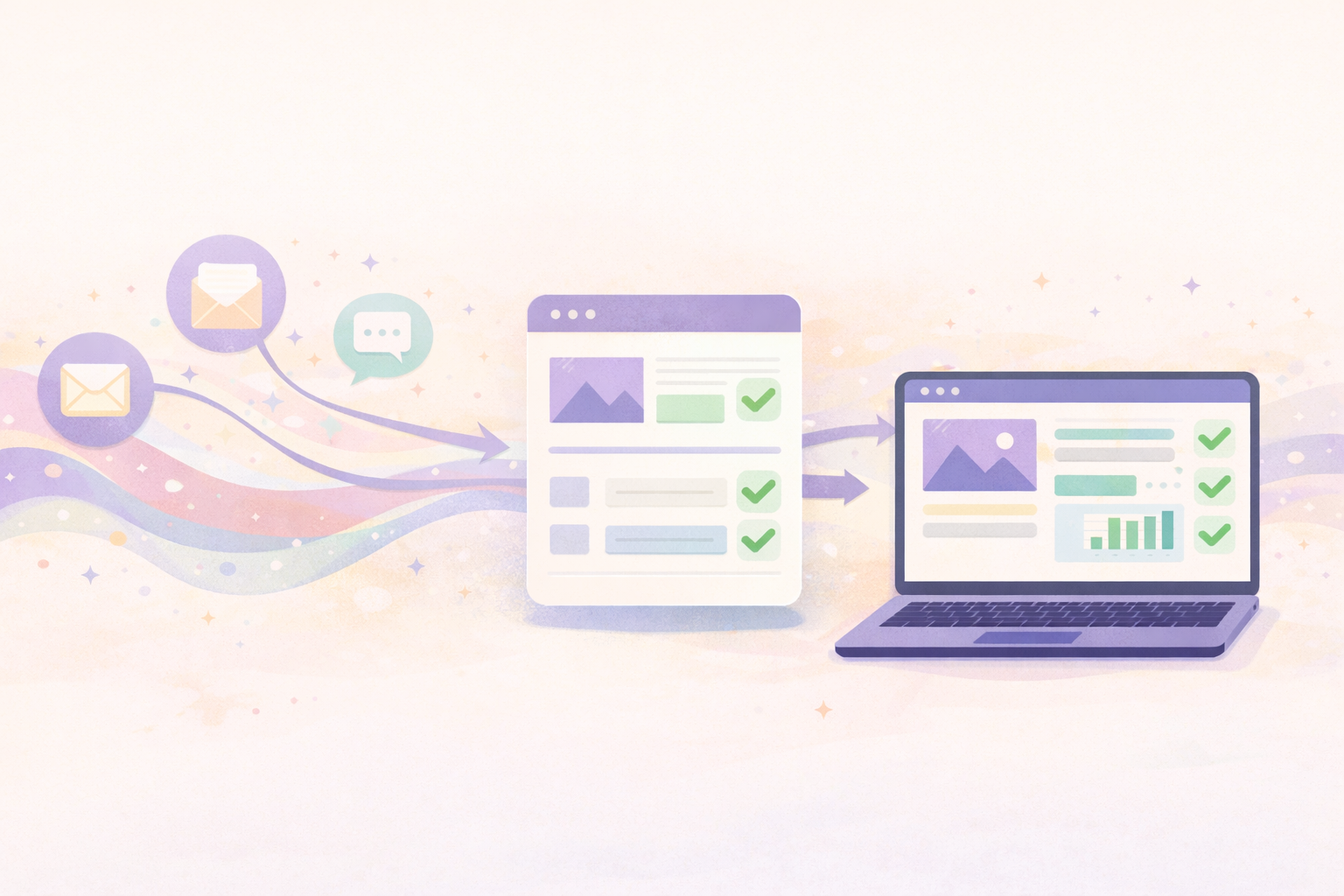Illustratie van digitale formulieren die losse berichten zoals e-mails en chats omzetten naar een gestructureerde workflow met automatische verwerking en overzicht in een dashboard