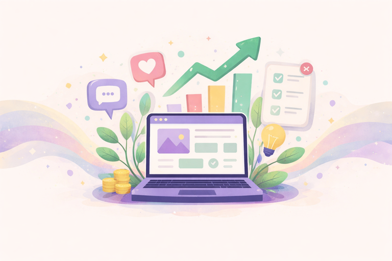 Illustratie van een laptop met website-interface waaruit een stijgende grafiek, checklist, chat-icoon, hartje, munten en gloeilamp omhoogkomen als symbool voor een website die meer doet dan alleen een online visitekaartje en actief bijdraagt aan groei en klantcontact.