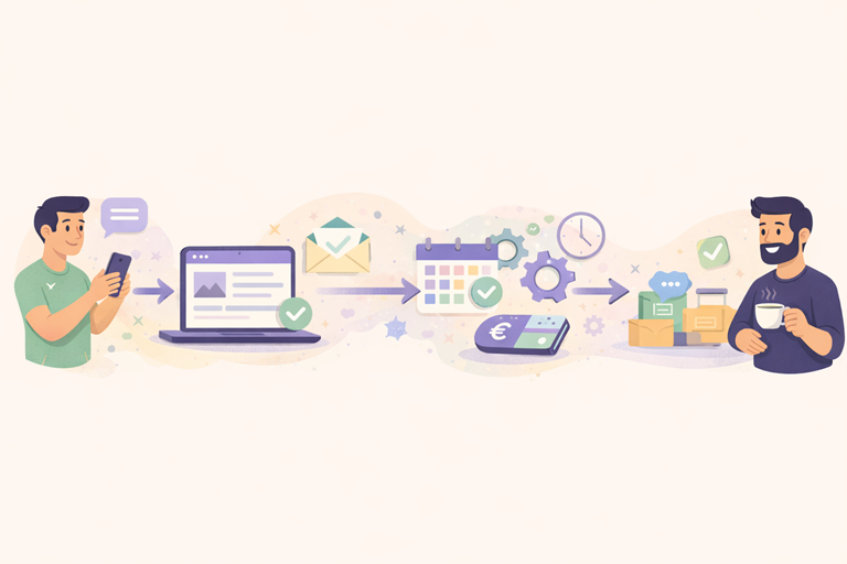 Illustratie van website automatisering voor kleine bedrijven waarbij een klant via smartphone een websiteformulier invult waarna automatisch een bevestiging, afspraakplanning, betaling en verwerking plaatsvinden zodat een ondernemer tijd bespaart in dagelijkse bedrijfsprocessen.