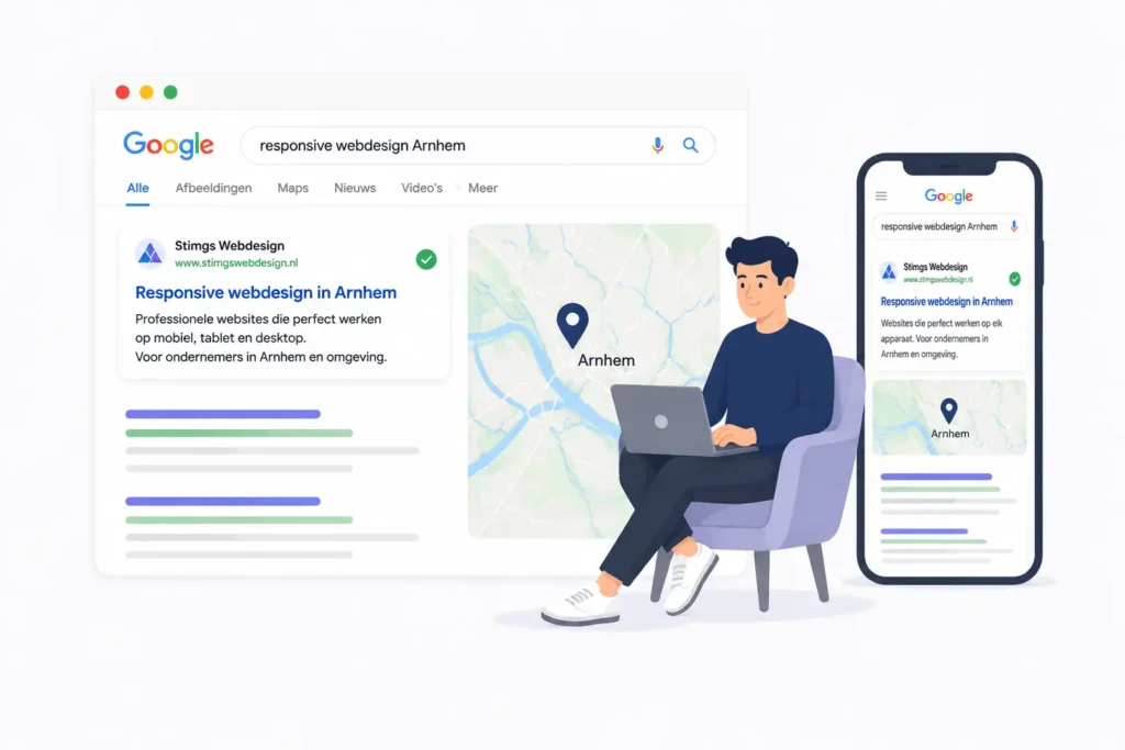 Illustratie van responsive webdesign met mobiele website, Google zoekresultaten en ondernemer met laptop voor optimale weergave op mobiel, tablet en desktop.
