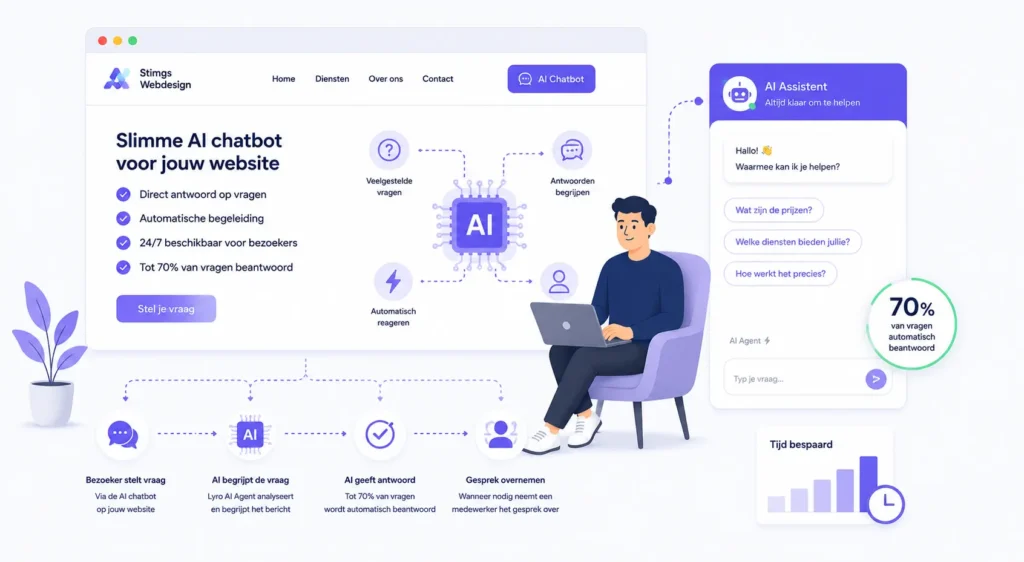 Illustratie van een AI chatbot op een website met automatische antwoorden, slimme klantenservice, chatvenster op mobiel en AI assistent voor bezoekersvragen.