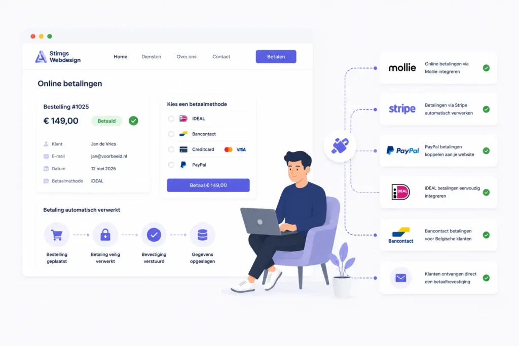 Illustratie van een website met online betalingen via iDEAL, PayPal, Mollie, Stripe, creditcard en Bancontact gekoppeld aan een webshop of website.