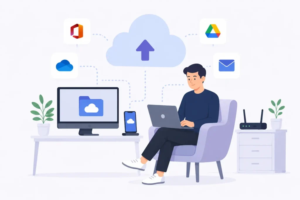 Illustratie van cloud ondersteuning met laptop, cloud opslag, Microsoft 365, Google Drive, e-mail synchronisatie en online samenwerken via cloud software.