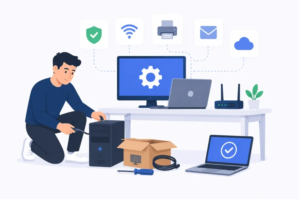 Illustratie van computer installatie en configuratie met desktop pc, laptop, wifi, printer, e-mail en cloud instellingen voor een professionele digitale werkplek.