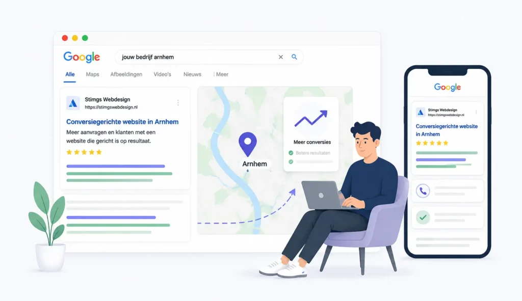 Illustratie van een conversiegerichte website met Google zoekresultaten, mobiele weergave, kaartlocatie en ondernemer die werkt aan meer online aanvragen en klanten.