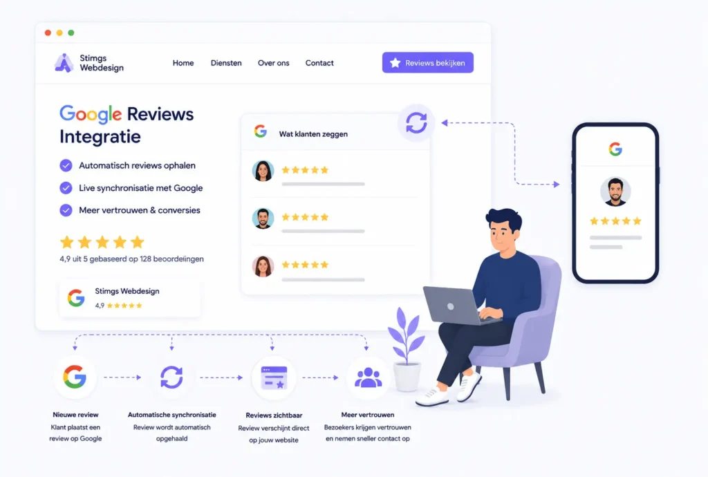 Illustratie van een website met Google reviews integratie, automatische synchronisatie van beoordelingen, sterreviews en klantbeoordelingen zichtbaar op desktop en mobiel.