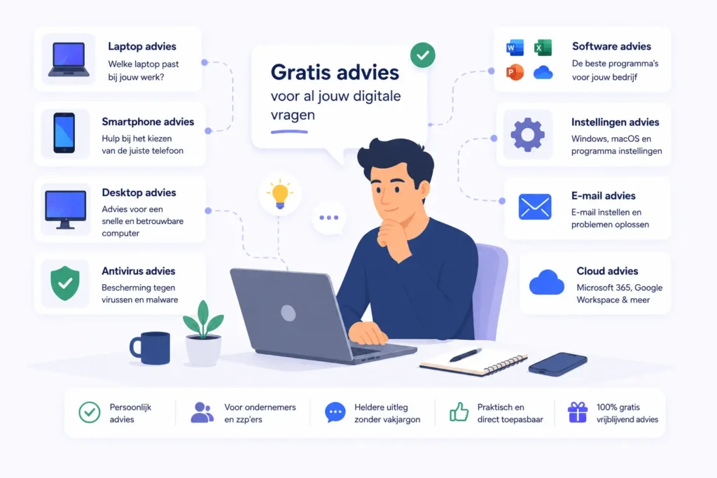 Illustratie van digitaal advies over laptops, software, cloud oplossingen, e-mail instellingen en computer ondersteuning voor ondernemers en zzp’ers.