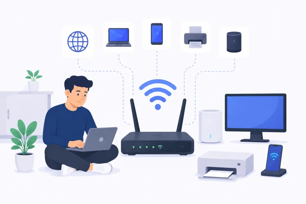 Illustratie van wifi en internet ondersteuning met router, laptop, smartphone, printer en verbonden apparaten binnen een stabiel netwerk.
