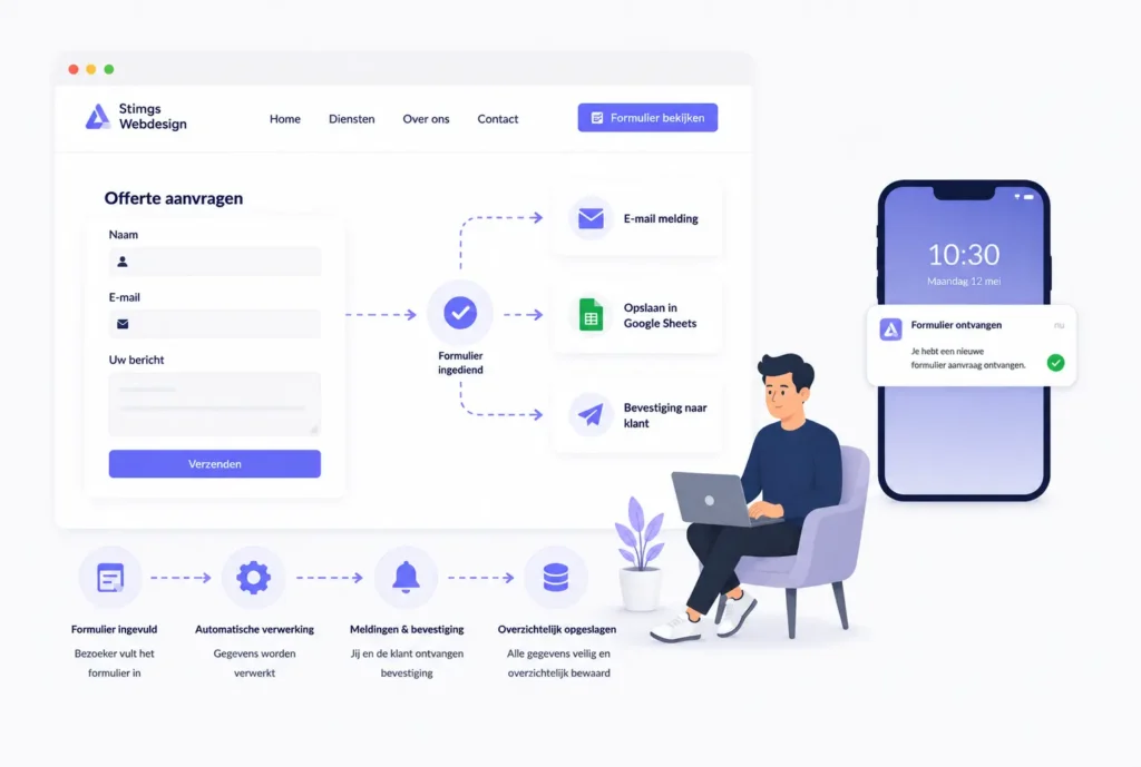 Illustratie van een geautomatiseerd klantformulier met automatische e-mailmeldingen, Google Sheets koppeling, bevestigingen en formulierverwerking op desktop en mobiel.