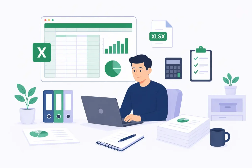 Illustratie van Office ondersteuning met Excel spreadsheets, administratie, berekeningen, grafieken en digitale verwerking van gegevens op een laptop.