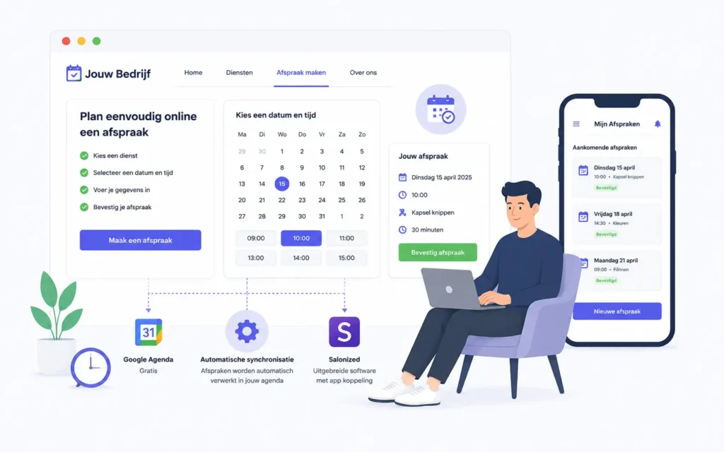 Illustratie van een online afspraken systeem met agenda planning, automatische afspraak bevestigingen, mobiele app, Google Agenda koppeling en website reserveringssysteem.