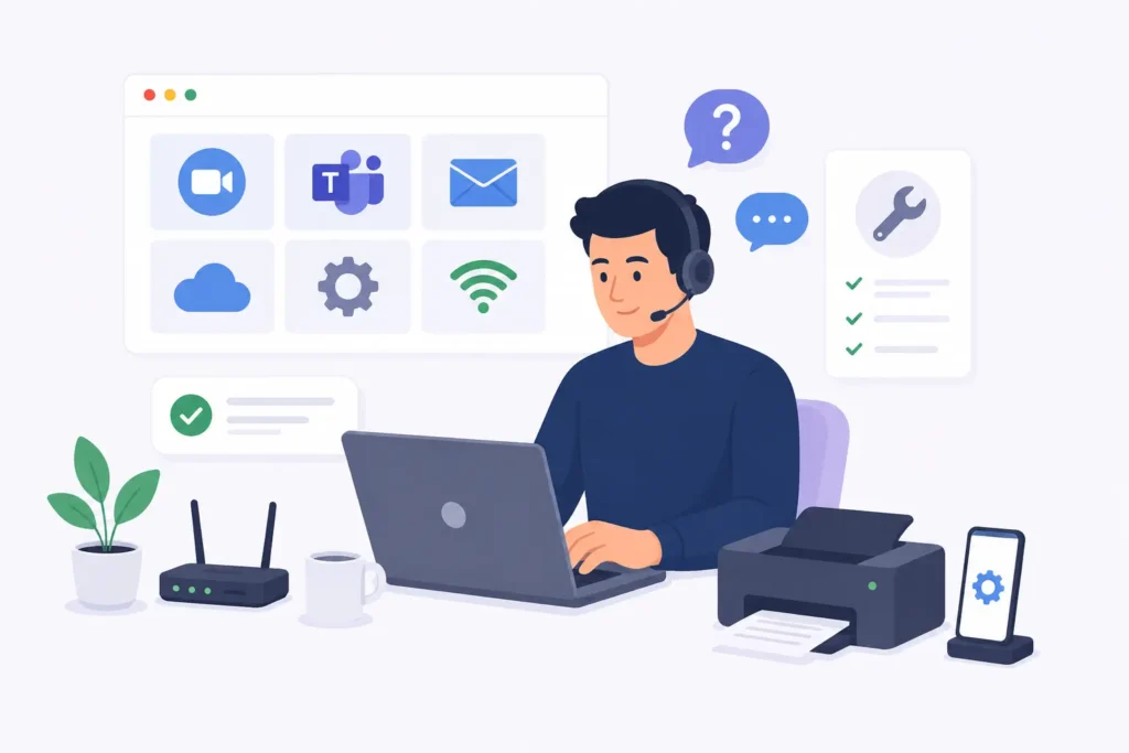 Illustratie van technische ondersteuning met laptop, printer, wifi, cloud software, Microsoft Teams en digitale hulp bij apparaten en online tools.
