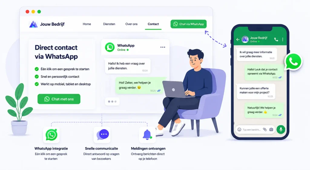 Illustratie van een website met WhatsApp integratie, directe chatfunctie, mobiele WhatsApp berichten en snelle communicatie via een contact knop op desktop en smartphone.