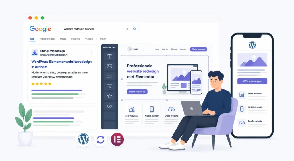 Illustratie van een WordPress Elementor website redesign met mobiele weergave, modern webdesign, responsive layout en ondernemer die werkt aan een vernieuwde professionele website.
